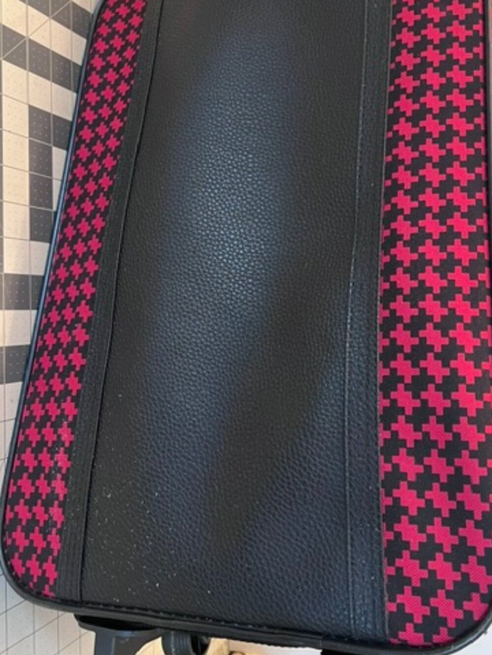 Vintage rolling suitcase distinctive red and black houndstooth collapsible